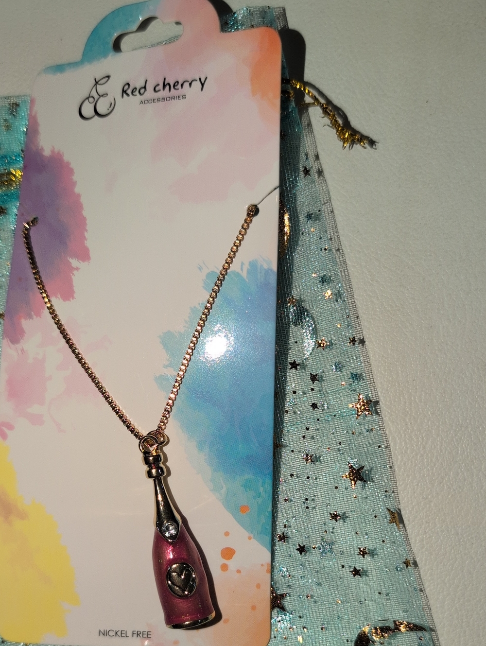 Red Cherry Pink Bottle Pendant Necklace On Gold Tone Chain